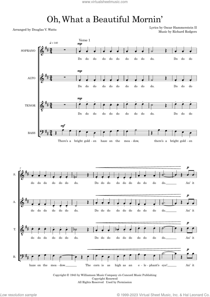 Oh, What a Beautiful Mornin' (from Oklahoma!) (arr. Doug Watts) sheet music for choir (SATB: soprano, alto, tenor, bass) by Rogers & Hammerstein, Doug Watts, Oscar II Hammerstein and Richard Rodgers, intermediate skill level
