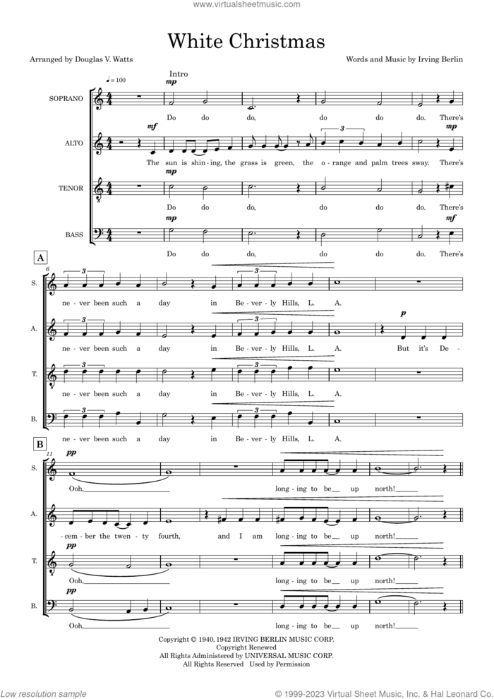 White Christmas (arr. Doug Watts) sheet music for choir (SATB: soprano, alto, tenor, bass) by Irving Berlin and Doug Watts, intermediate skill level