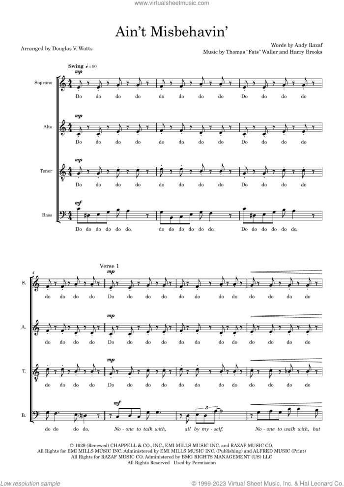 Ain't Misbehavin' (arr. Doug Watts) sheet music for choir (SATB: soprano, alto, tenor, bass) by Andy Razaf, Doug Watts, Thomas Waller, Thomas Waller and Harry Brooks, intermediate skill level