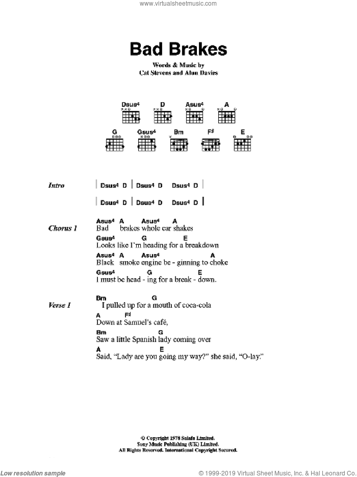 Bad Brakes sheet music for guitar (chords) by Cat Stevens and Alun Davies, intermediate skill level