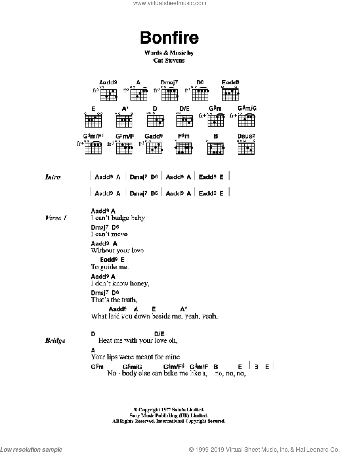 Bonfire sheet music for guitar (chords) by Cat Stevens, intermediate skill level