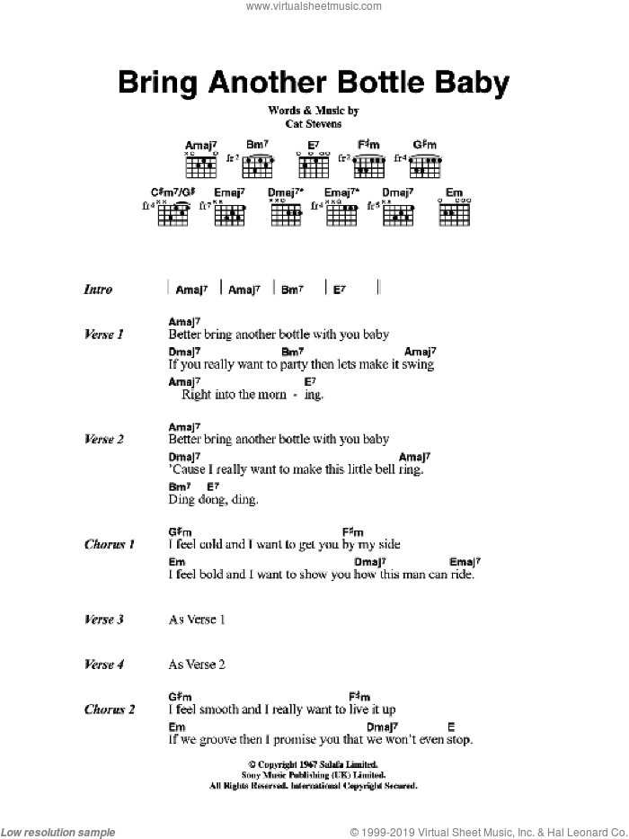 Bring Another Bottle Baby sheet music for guitar (chords) by Cat Stevens, intermediate skill level