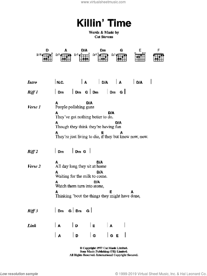 Killin' Time sheet music for guitar (chords) by Cat Stevens, intermediate skill level