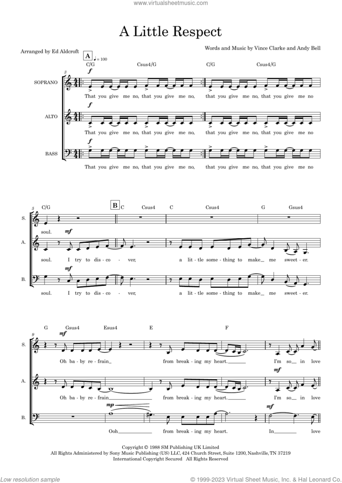 A Little Respect (arr. Ed Aldcroft) sheet music for choir (SAB: soprano, alto, bass) by Erasure, Ed Aldcroft, Andy Bell and Vince Clarke, intermediate skill level