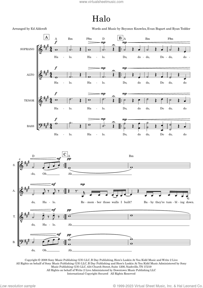 Halo (arr. Ed Aldcroft) sheet music for choir (SATB: soprano, alto, tenor, bass) by Beyonce, Ed Aldcroft, Ane Brun, Evan Bogart and Ryan Tedder, intermediate skill level