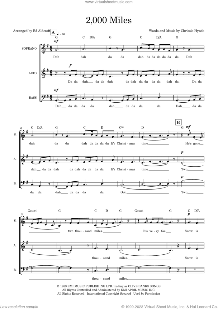 2000 Miles (arr. Ed Aldcroft) sheet music for choir (SAB: soprano, alto, bass) by Chrissie Hynde, Ed Aldcroft and Pretenders, intermediate skill level