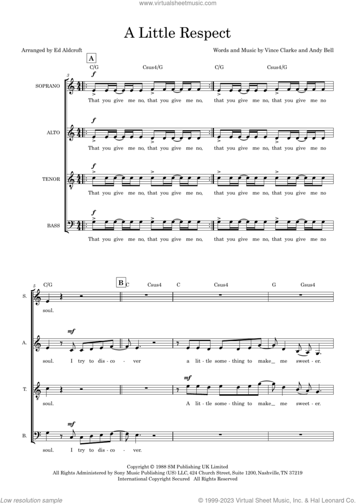 A Little Respect (arr. Ed Aldcroft) sheet music for choir (SATB: soprano, alto, tenor, bass) by Erasure, Ed Aldcroft, Andy Bell and Vince Clarke, intermediate skill level