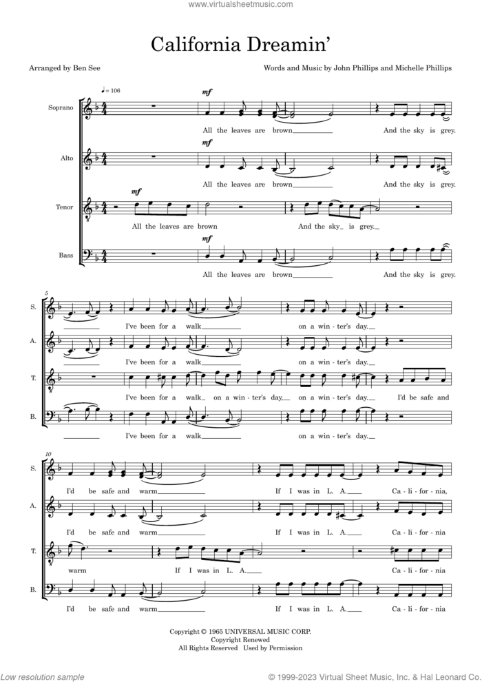 California Dreamin' (arr. Ben See) sheet music for choir (SSATB) by The Mamas & The Papas, Ben See, John Phillips and Michelle Phillips, intermediate skill level