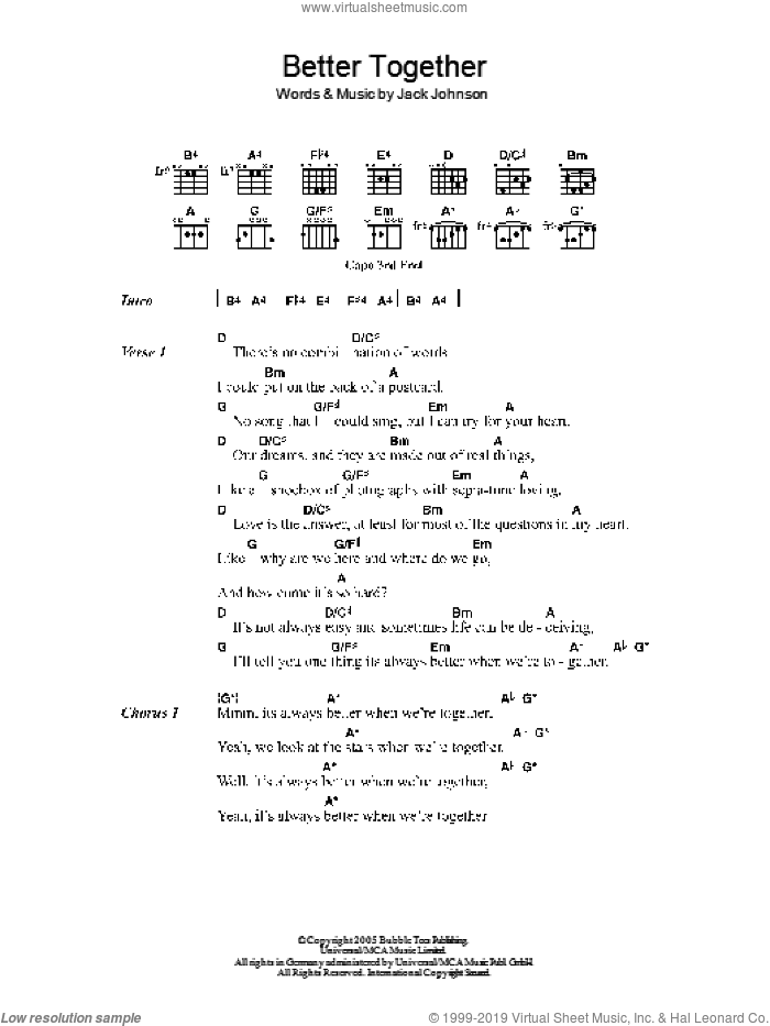 Better Together sheet music for guitar (chords) by Jack Johnson, intermediate skill level