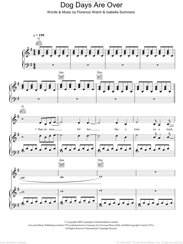 Dog Days Are Over sheet music for voice, piano or guitar by Florence And The Machine, Florence And The  Machine, Florence Welch and Isabella Summers, intermediate skill level