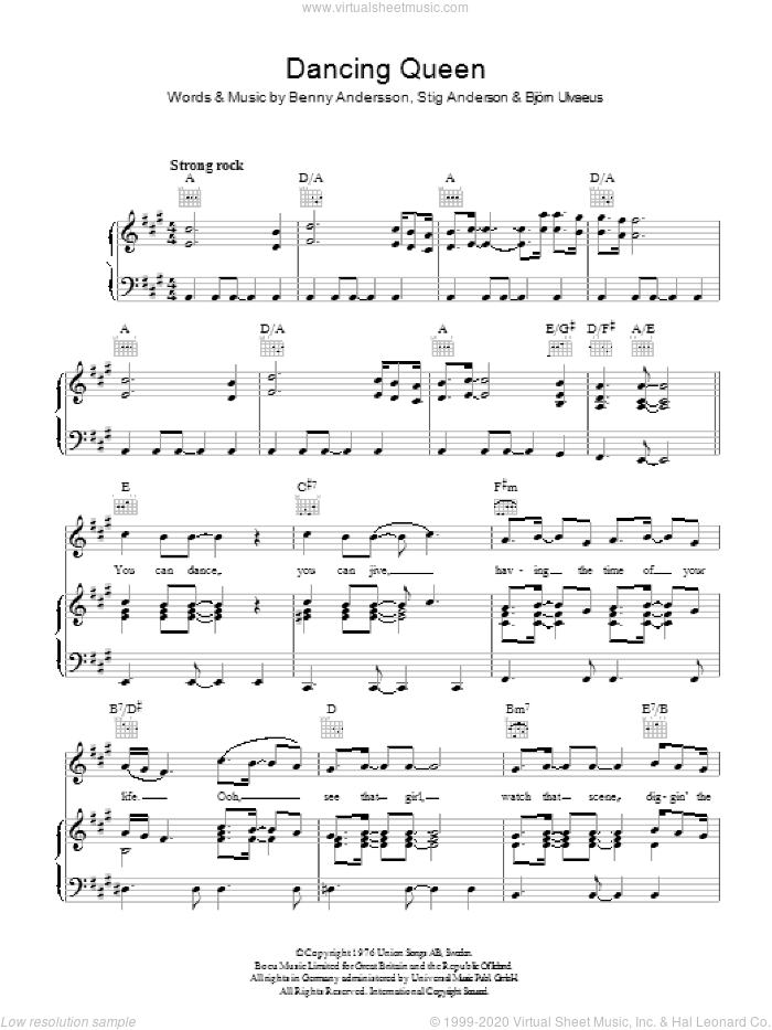Dancing Queen sheet music for voice, piano or guitar by ABBA, Benny Andersson, Bjorn Alvaeus and Stig Anderson, intermediate skill level