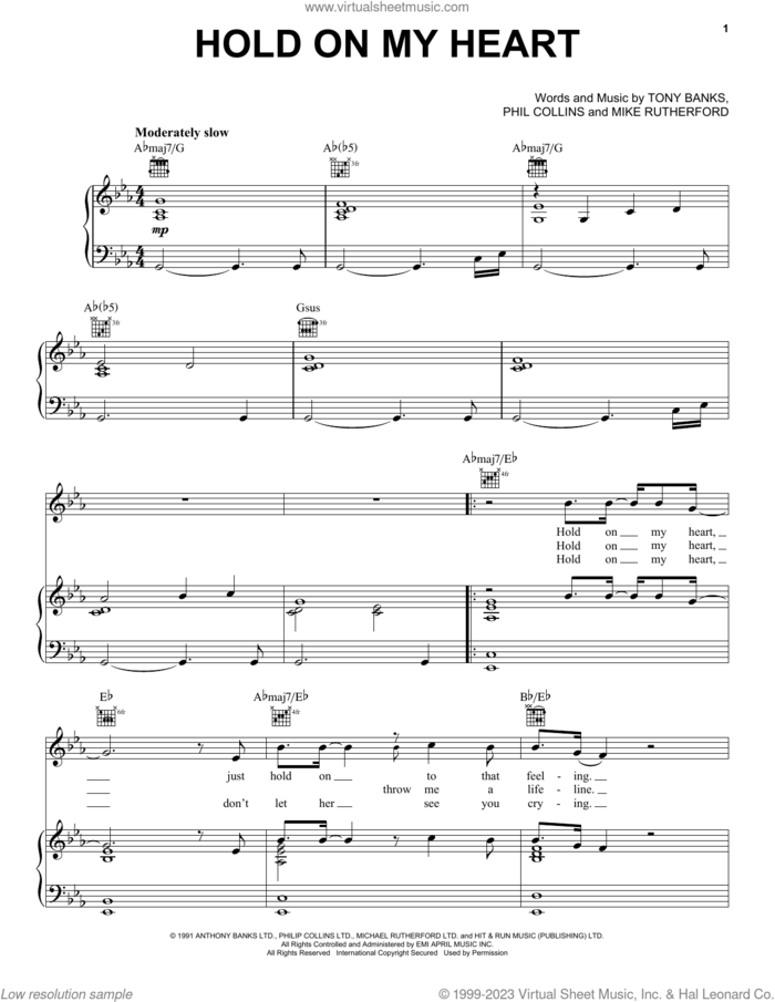 Hold On My Heart sheet music for voice, piano or guitar by Genesis, Mike Rutherford, Phil Collins and Tony Banks, intermediate skill level