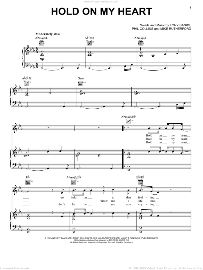 Hold On My Heart sheet music for voice, piano or guitar by Genesis, Mike Rutherford, Phil Collins and Tony Banks, intermediate skill level