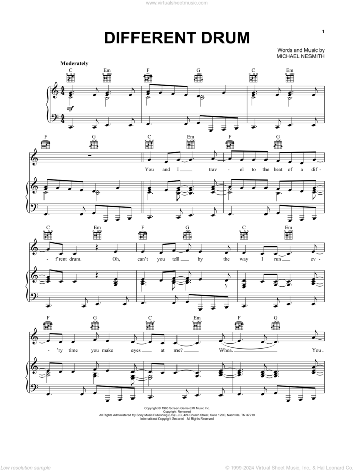 Different Drum sheet music for voice, piano or guitar by Stone Poneys and Linda Ronstadt, Linda Ronstadt and Michael Nesmith, intermediate skill level