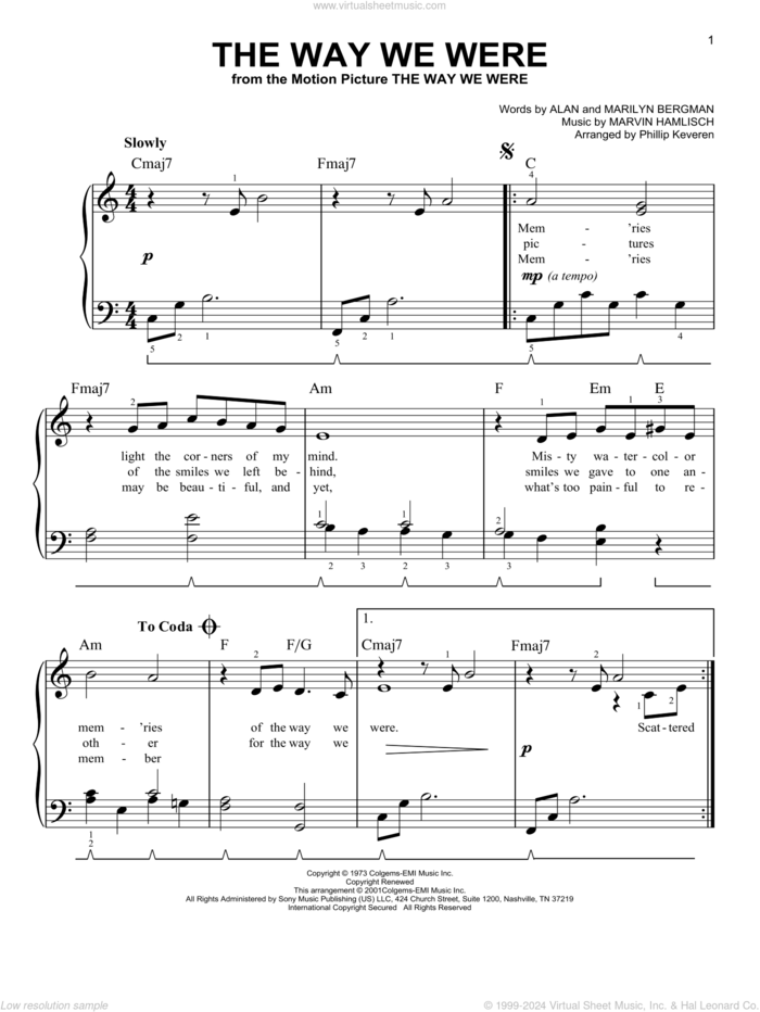 The Way We Were (arr. Phillip Keveren) sheet music for piano solo by Barbra Streisand, Phillip Keveren, Alan Bergman, Marilyn Bergman and Marvin Hamlisch, easy skill level