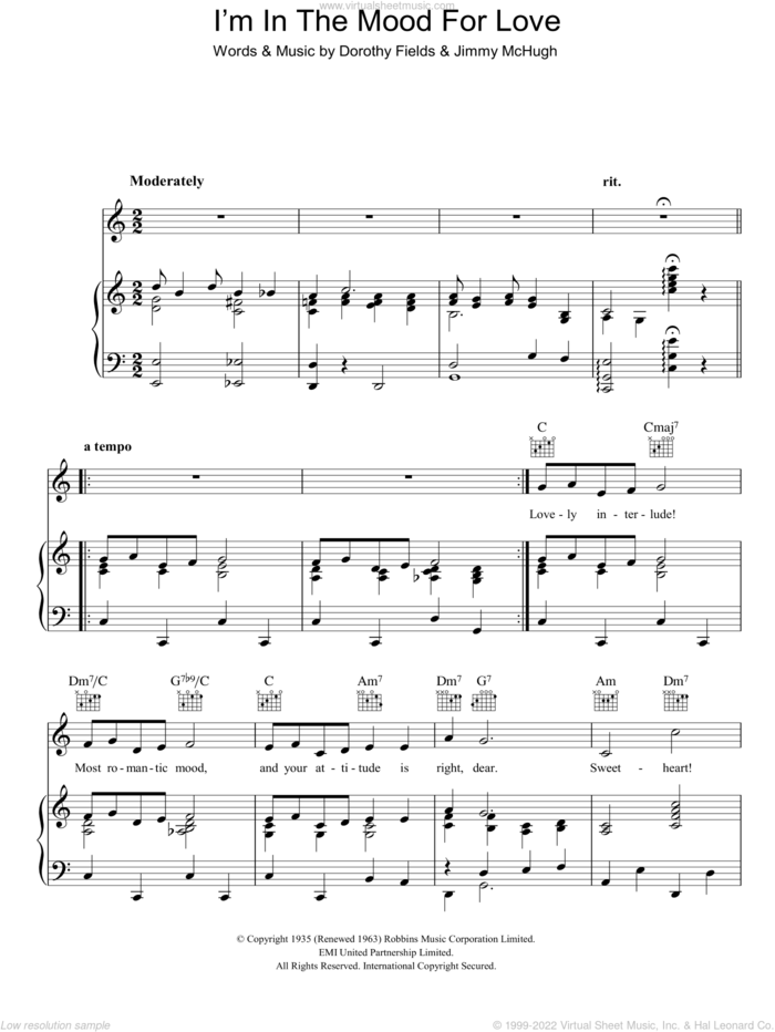 I'm In The Mood For Love sheet music for voice, piano or guitar by Frances Langford, Dorothy Fields and Jimmy McHugh, intermediate skill level