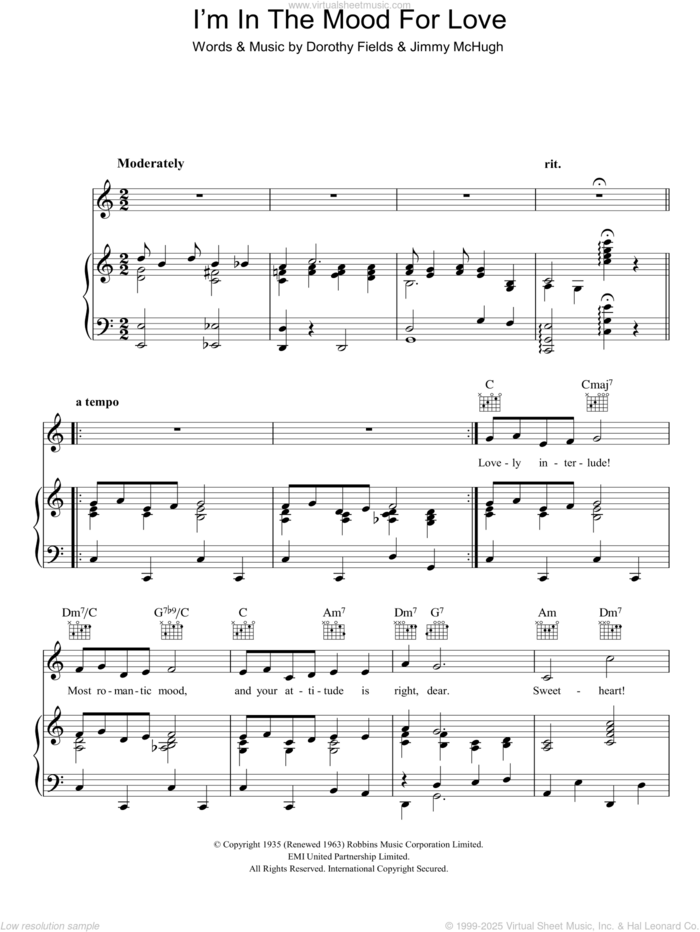 I'm In The Mood For Love sheet music for voice, piano or guitar by Frances Langford, Dorothy Fields and Jimmy McHugh, intermediate skill level