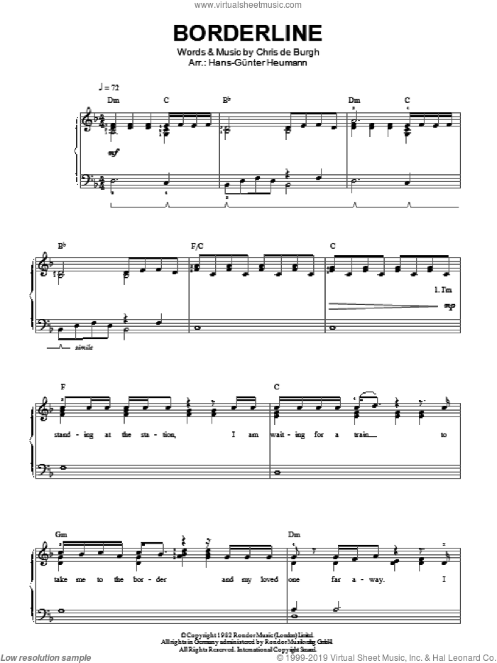 Borderline sheet music for piano solo by Chris de Burgh, easy skill level