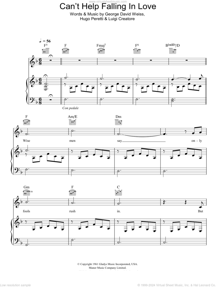 Can't Help Falling In Love sheet music for voice, piano or guitar by Michael Buble, Elvis Presley, George David Weiss, Hugo Peretti and Luigi Creatore, wedding score, intermediate skill level
