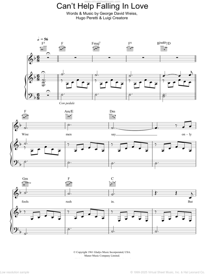 Can't Help Falling In Love sheet music for voice, piano or guitar by Michael Buble, Elvis Presley, George David Weiss, Hugo Peretti and Luigi Creatore, wedding score, intermediate skill level