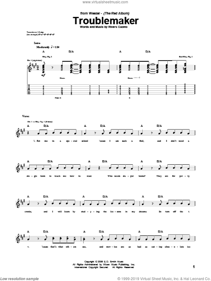 Troublemaker sheet music for guitar (tablature) by Weezer and Rivers Cuomo, intermediate skill level