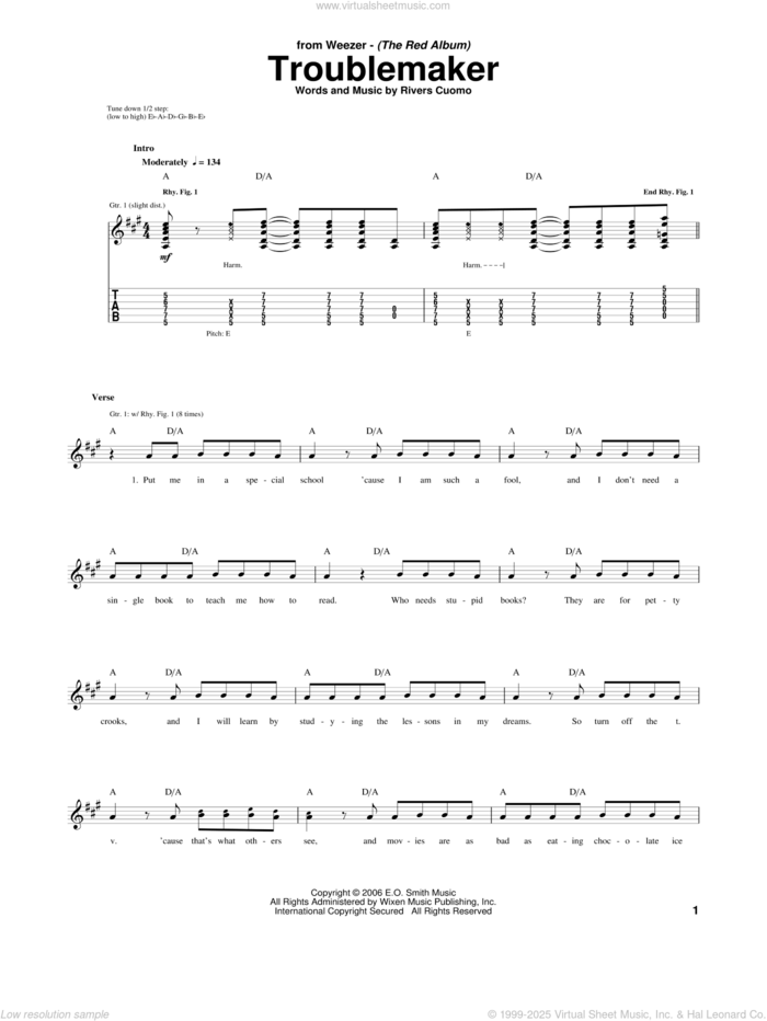 Troublemaker sheet music for guitar (tablature) by Weezer and Rivers Cuomo, intermediate skill level