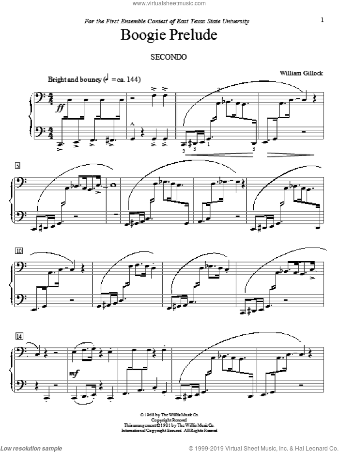 Boogie Prelude sheet music for piano four hands by William Gillock, classical score, intermediate skill level