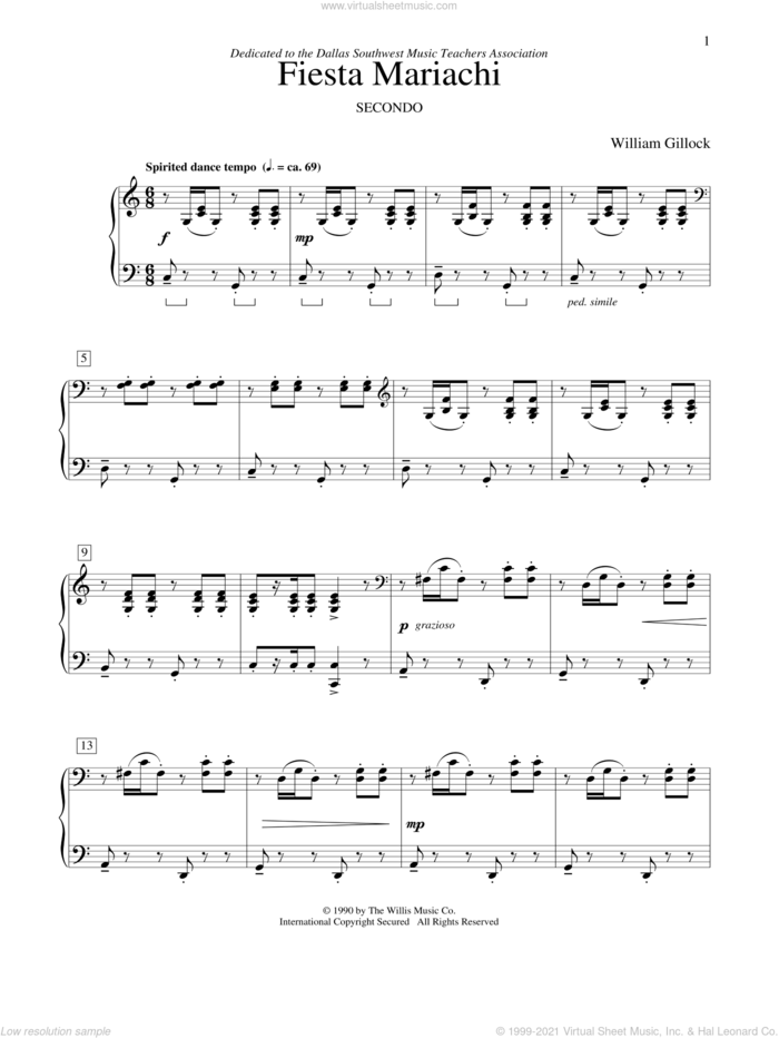 Fiesta Mariachi sheet music for piano four hands by William Gillock, classical score, intermediate skill level