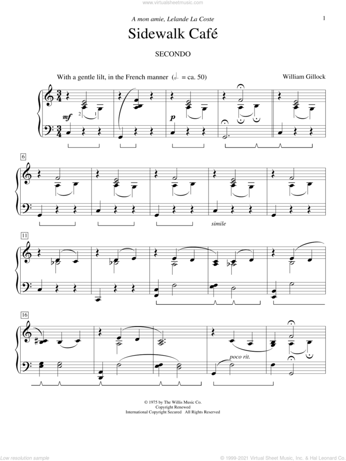 Sidewalk Cafe sheet music for piano four hands by William Gillock, classical score, intermediate skill level