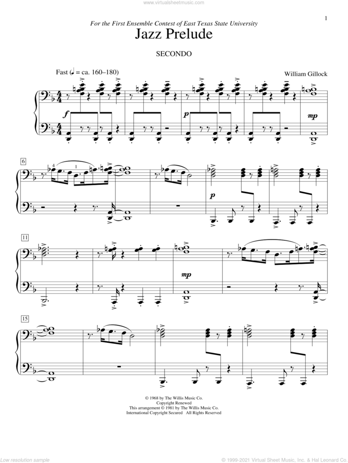 Jazz Prelude sheet music for piano four hands by William Gillock, intermediate skill level
