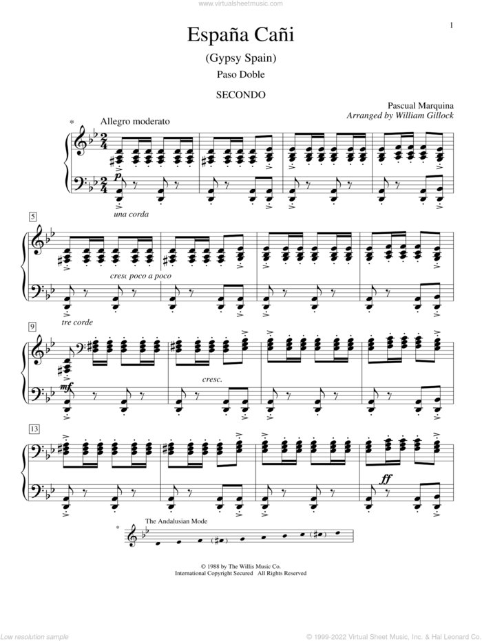 Espana Cani sheet music for piano four hands by Pascual Marquina and William Gillock, classical score, intermediate skill level