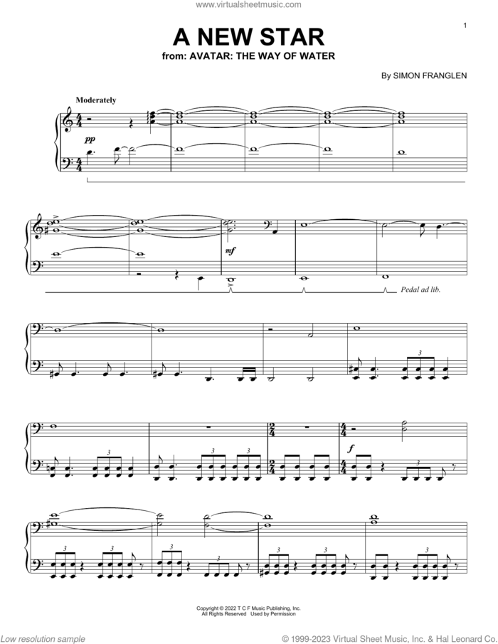 A New Star (from Avatar: The Way Of Water) sheet music for piano solo by Simon Franglen, intermediate skill level