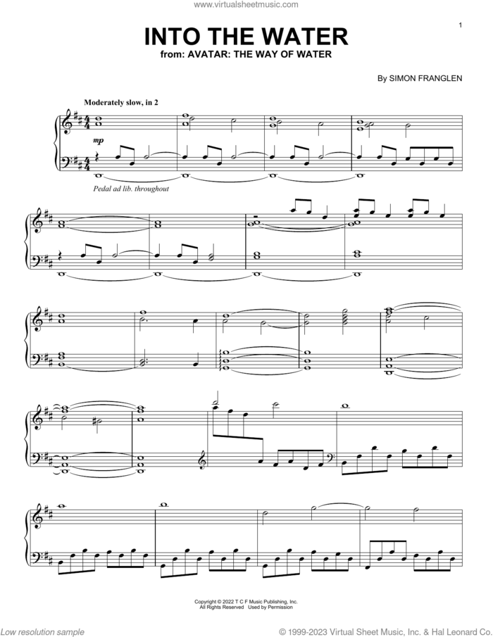 Into The Water (from Avatar: The Way Of Water) sheet music for piano solo by Simon Franglen, intermediate skill level