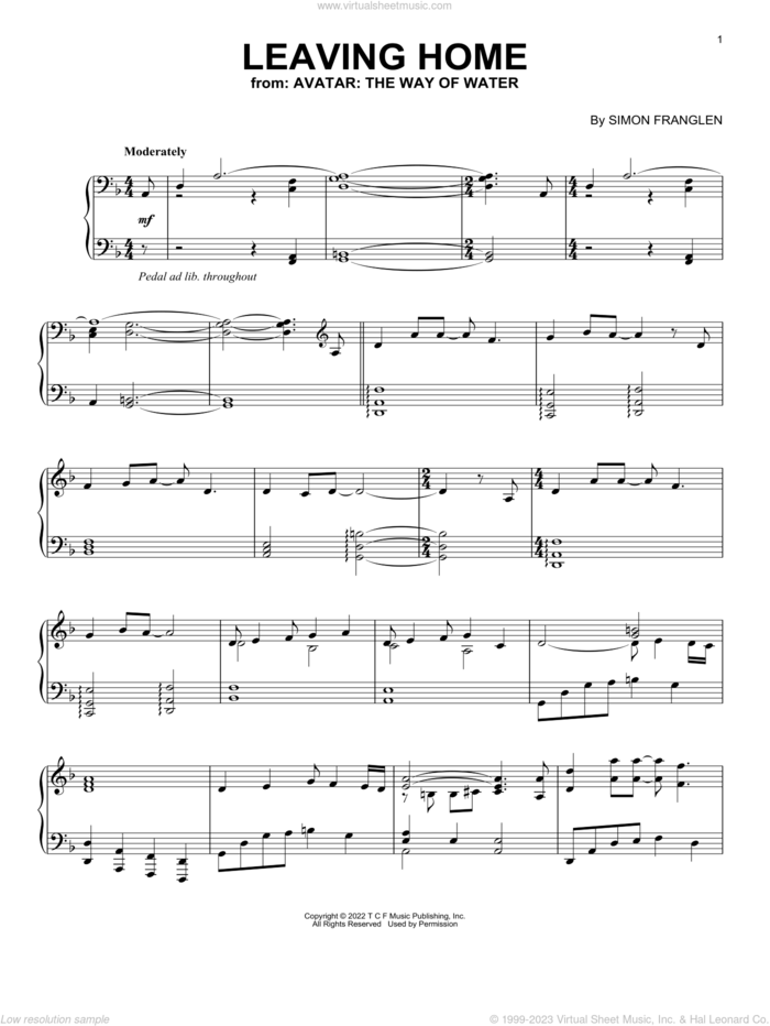 Leaving Home (from Avatar: The Way Of Water) sheet music for piano solo by Simon Franglen, intermediate skill level