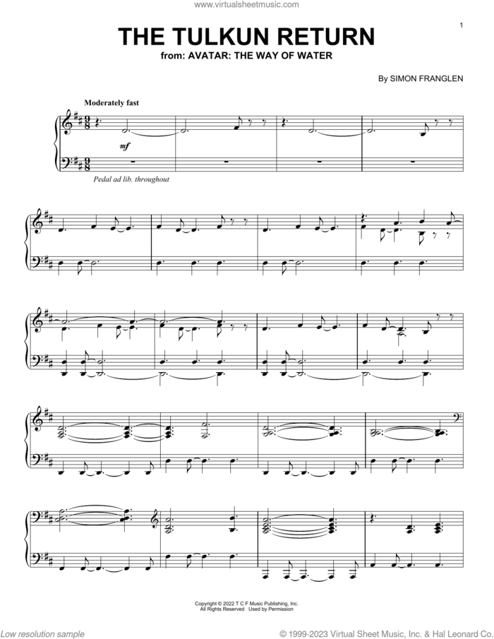 The Tulkin Return (from Avatar: The Way Of Water) sheet music for piano solo by Simon Franglen, intermediate skill level