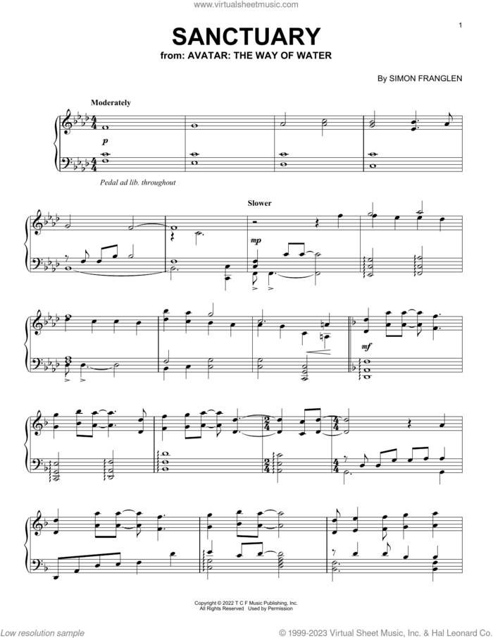 Sanctuary (from Avatar: The Way Of Water) sheet music for piano solo by Simon Franglen, intermediate skill level