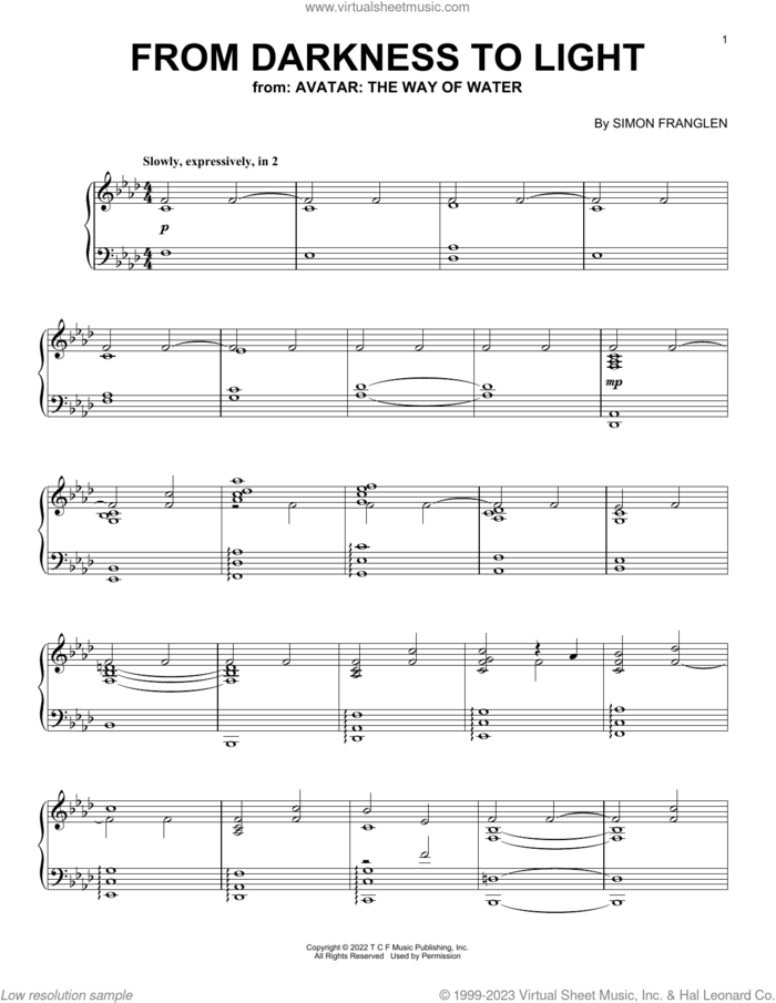 From Darkness To Light (from Avatar: The Way Of Water) sheet music for piano solo by Simon Franglen, intermediate skill level