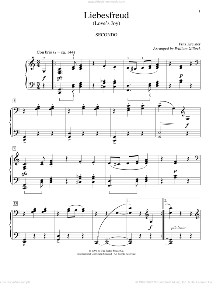 Liebesfreud sheet music for piano four hands by William Gillock and Fritz Kreisler, classical score, intermediate skill level