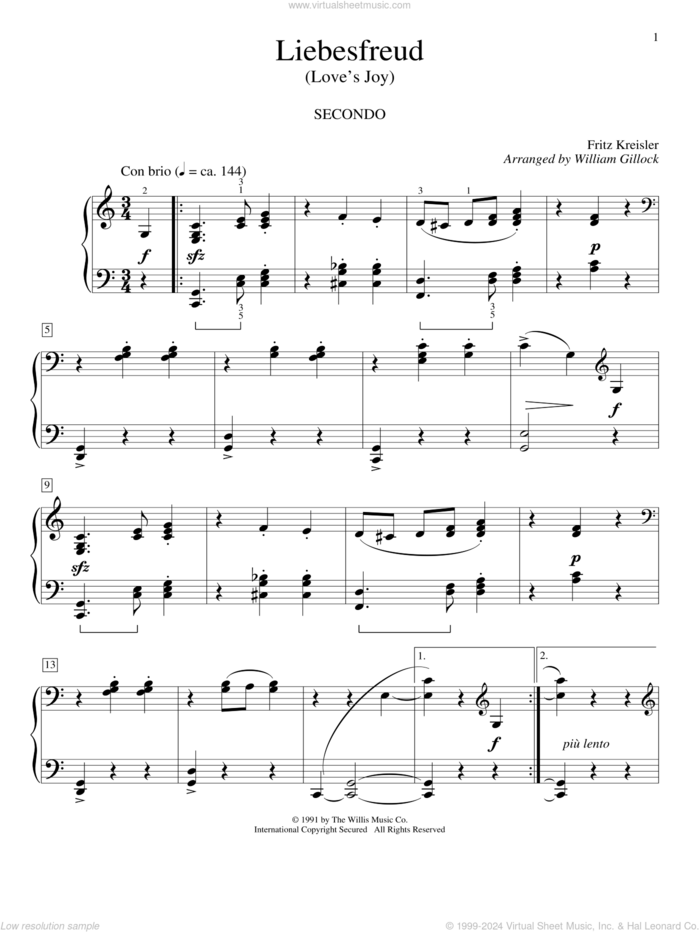 Liebesfreud sheet music for piano four hands by William Gillock and Fritz Kreisler, classical score, intermediate skill level