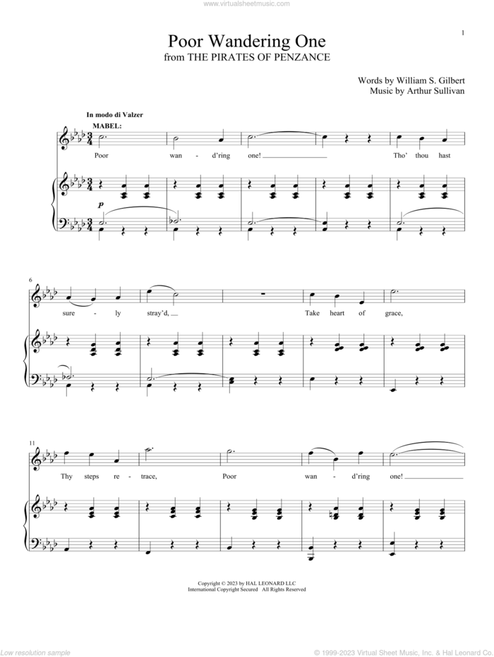 Poor Wand'ring One (from The Pirates Of Penzance) sheet music for voice and piano by Gilbert & Sullivan, Arthur Sullivan and William S. Gilbert, intermediate skill level