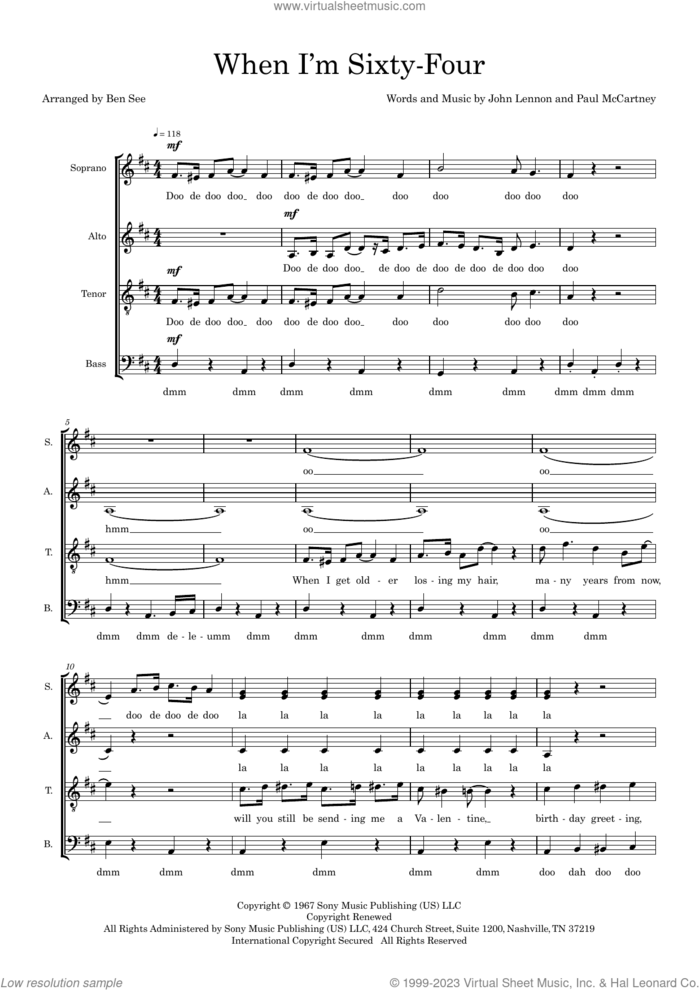 When I'm Sixty-Four (arr. Ben See) sheet music for choir (SSATB) by The Beatles, Ben See, John Lennon and Paul McCartney, intermediate skill level