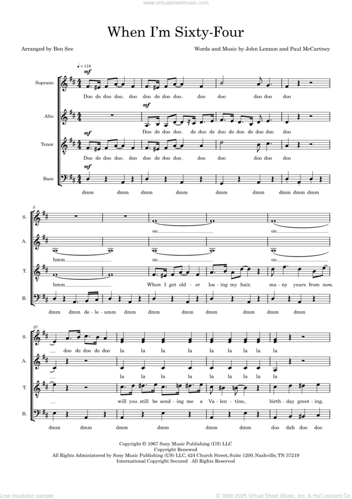 When I'm Sixty-Four (arr. Ben See) sheet music for choir (SSATB) by The Beatles, Ben See, John Lennon and Paul McCartney, intermediate skill level