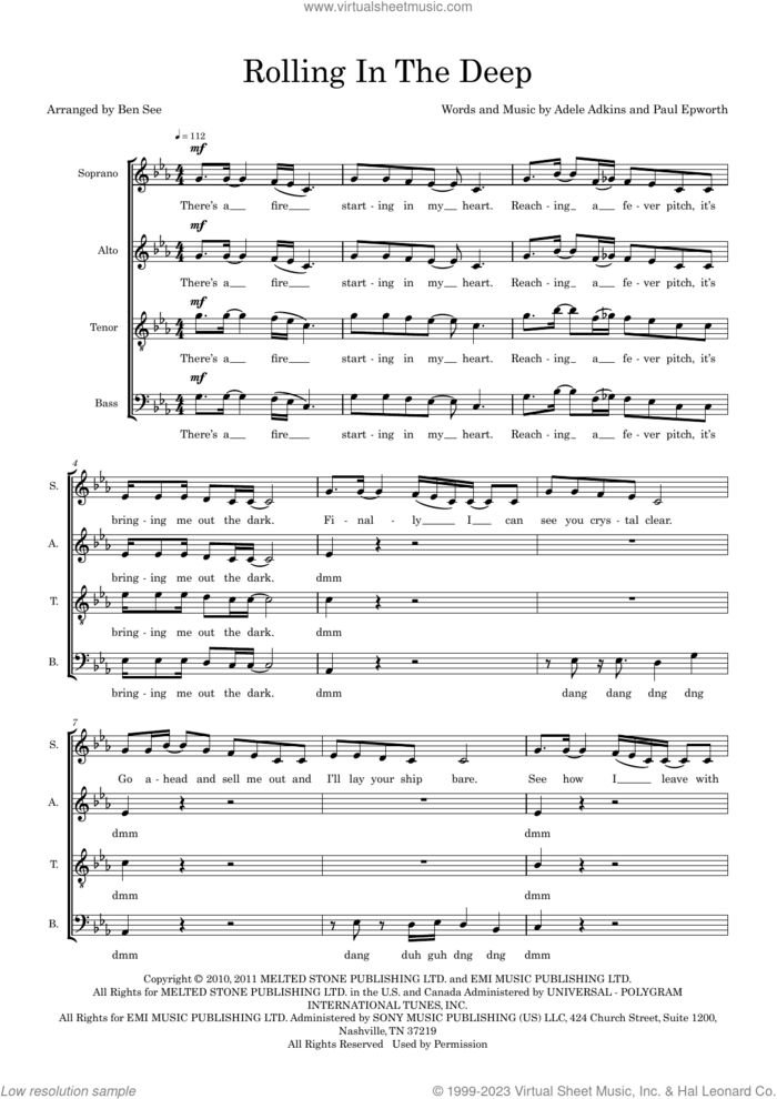 Rolling In The Deep (arr. Ben See) sheet music for choir (SSATBB) by Adele, Ben See, Adele Adkins and Paul Epworth, intermediate skill level