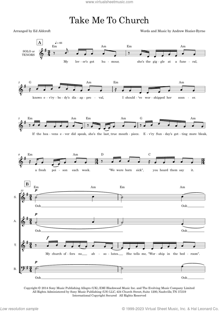 Take Me To Church (arr. Ed Aldcroft) sheet music for choir (SATB: soprano, alto, tenor, bass) by Hozier, Ed Aldcroft and Andrew Hozier-Byrne, intermediate skill level