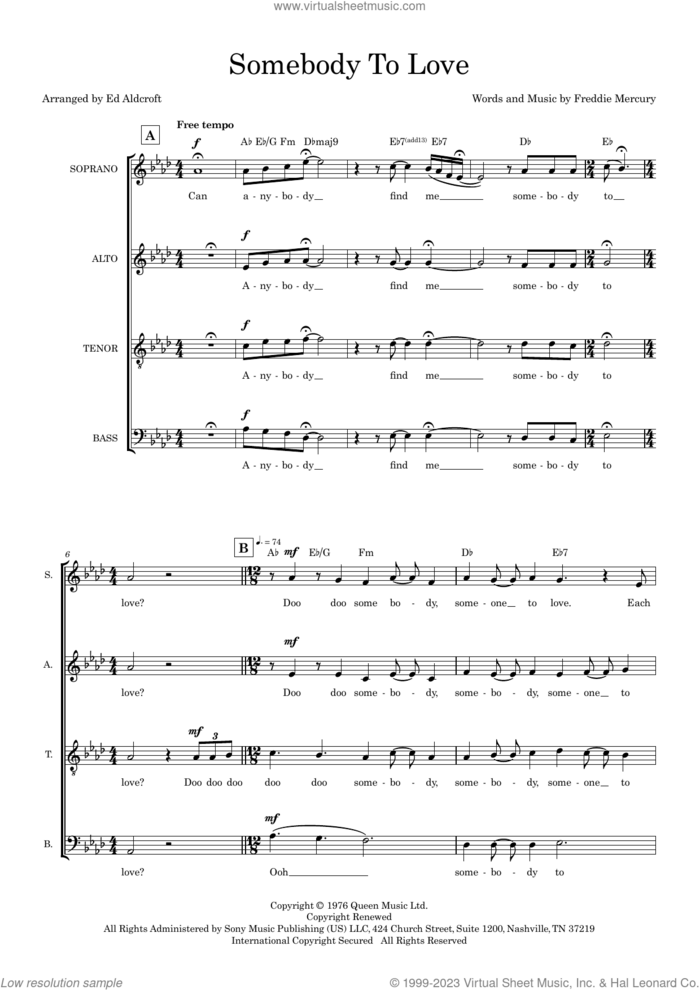 Somebody To Love (arr. Ed Aldcroft) sheet music for choir (SATB: soprano, alto, tenor, bass) by Queen, Ed Aldcroft and Freddie Mercury, intermediate skill level