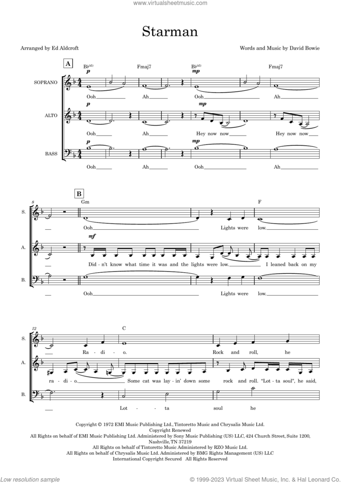 Starman (arr. Ed Aldcroft) sheet music for choir (SAB: soprano, alto, bass) by David Bowie and Ed Aldcroft, intermediate skill level