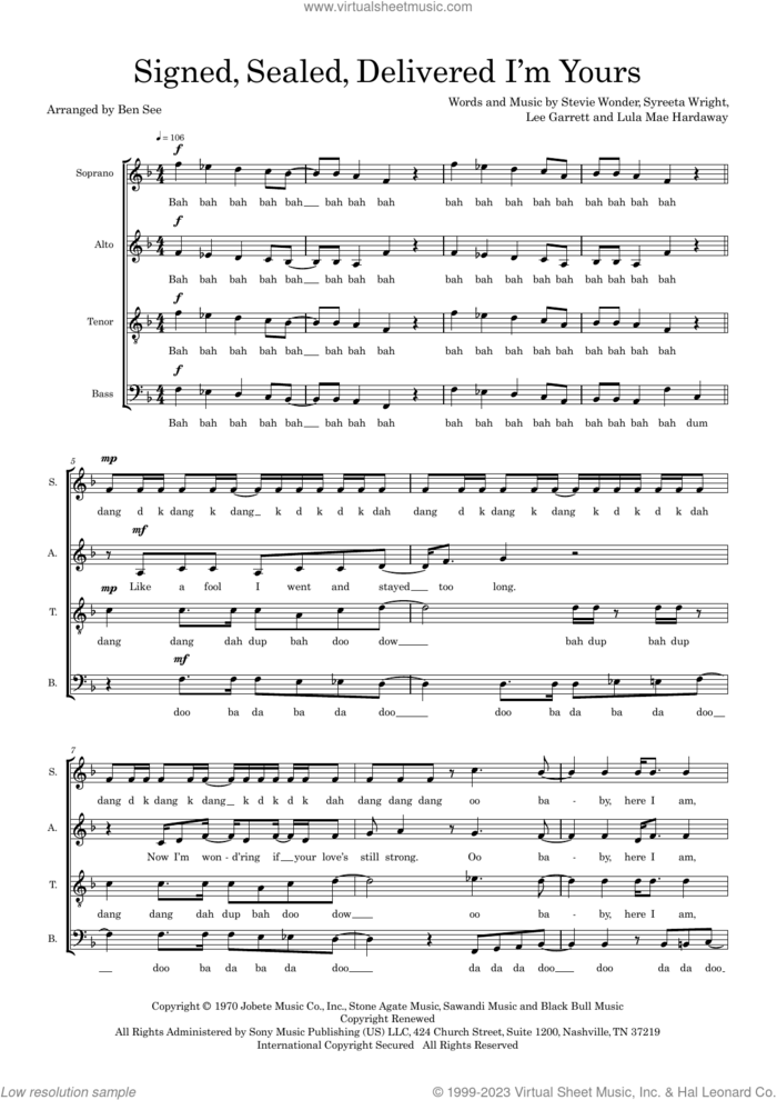 Signed, Sealed, Delivered I'm Yours (arr. Ben See) sheet music for choir (SSAATB) by Stevie Wonder, Ben See, Lee Garrett, Lula Mae Hardaway and Syreeta Wright, intermediate skill level