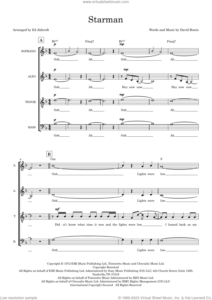 Starman (arr. Ed Aldcroft) sheet music for choir (SATB: soprano, alto, tenor, bass) by David Bowie and Ed Aldcroft, intermediate skill level