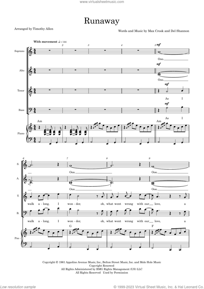 Runaway (arr. Tim Allen) (COMPLETE) sheet music for orchestra/band by Del Shannon, Aurora, Max Crook and Tim Allen, intermediate skill level