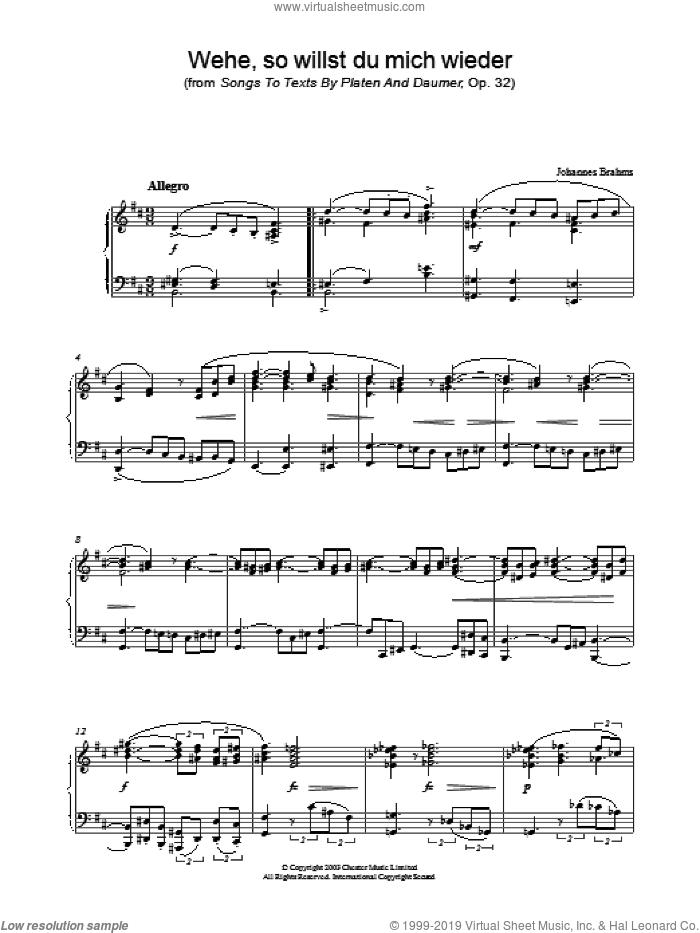 Wehe, so willst du mich wieder (from Songs To Texts By Platen And Daumer, Op. 32) sheet music for piano solo by Johannes Brahms, classical score, intermediate skill level
